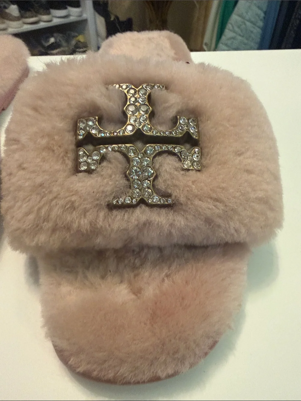 Tory Burch Embellished Pink Faux-Fur Slide Sandals